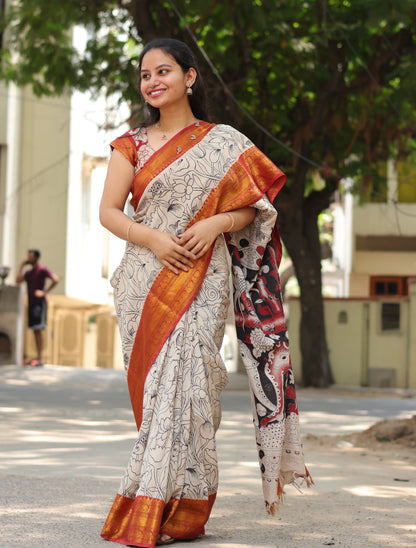 Kanchi Border Outline Kalamkari Silk Saree