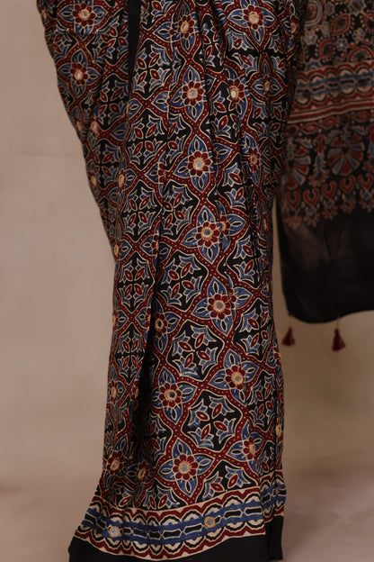 Black Handcrafted Ajrakh Modal Silk Saree with Authentic Banjara Mirror Work | Looms & Tassel