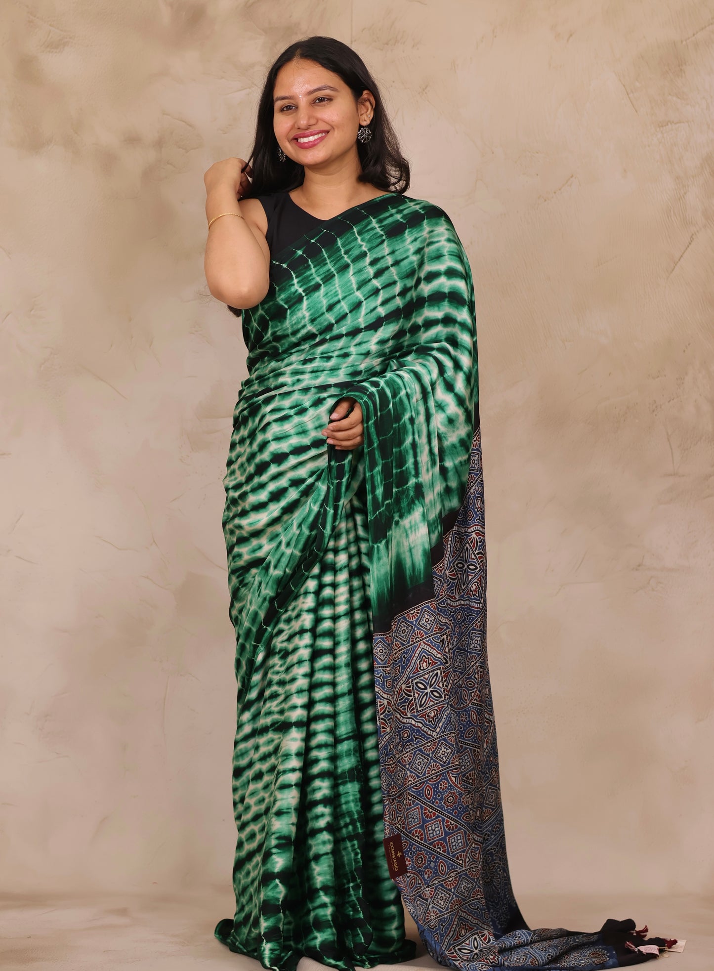 Tie & Dye Ajrakh Handblock Printed Modal Silk Saree | Looms & Tassels