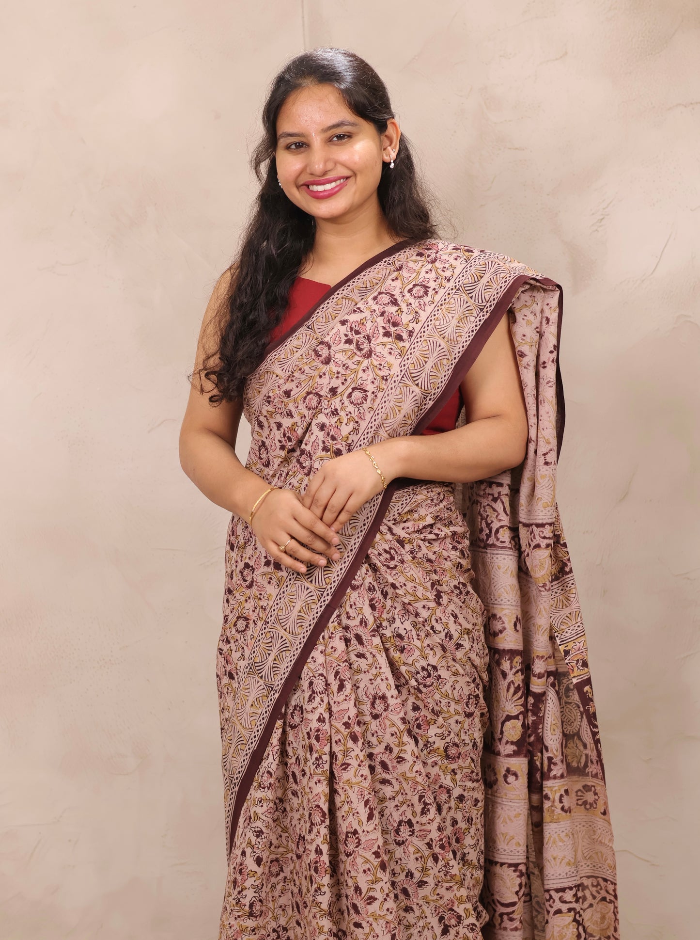 Cream Hand Block Printed Kalamkari Cotton Saree | Looms & Tassels
