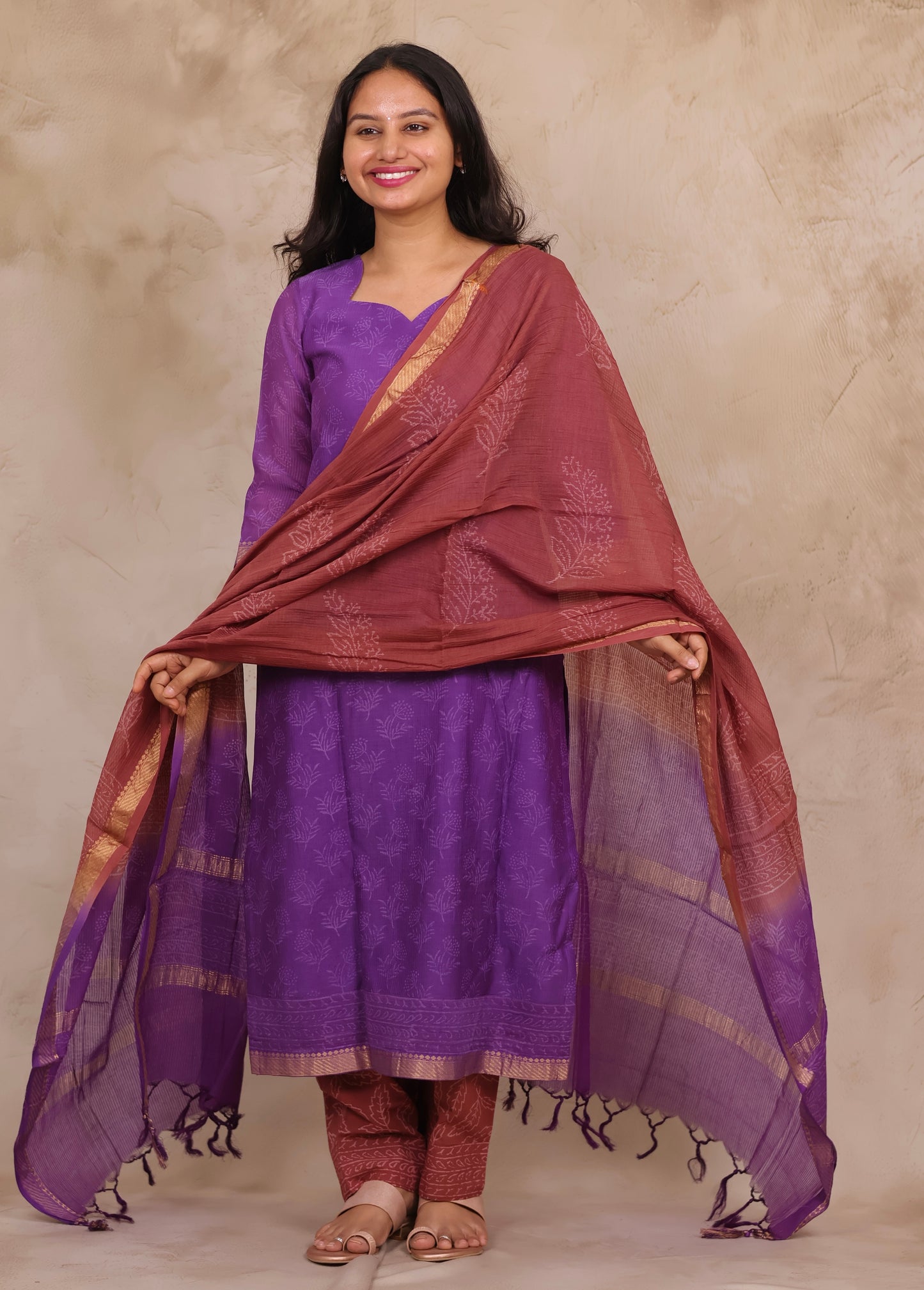 Purple Handblock printed Pure Maheswari Silk 3 piece suit (stitched)