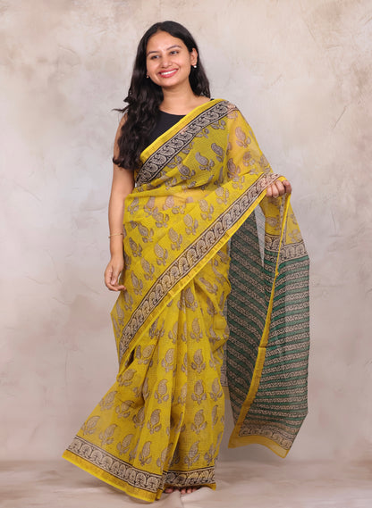 Yellow Pure Kota Doria Saree with Bagru Handblock Prints | Looms & Tassels