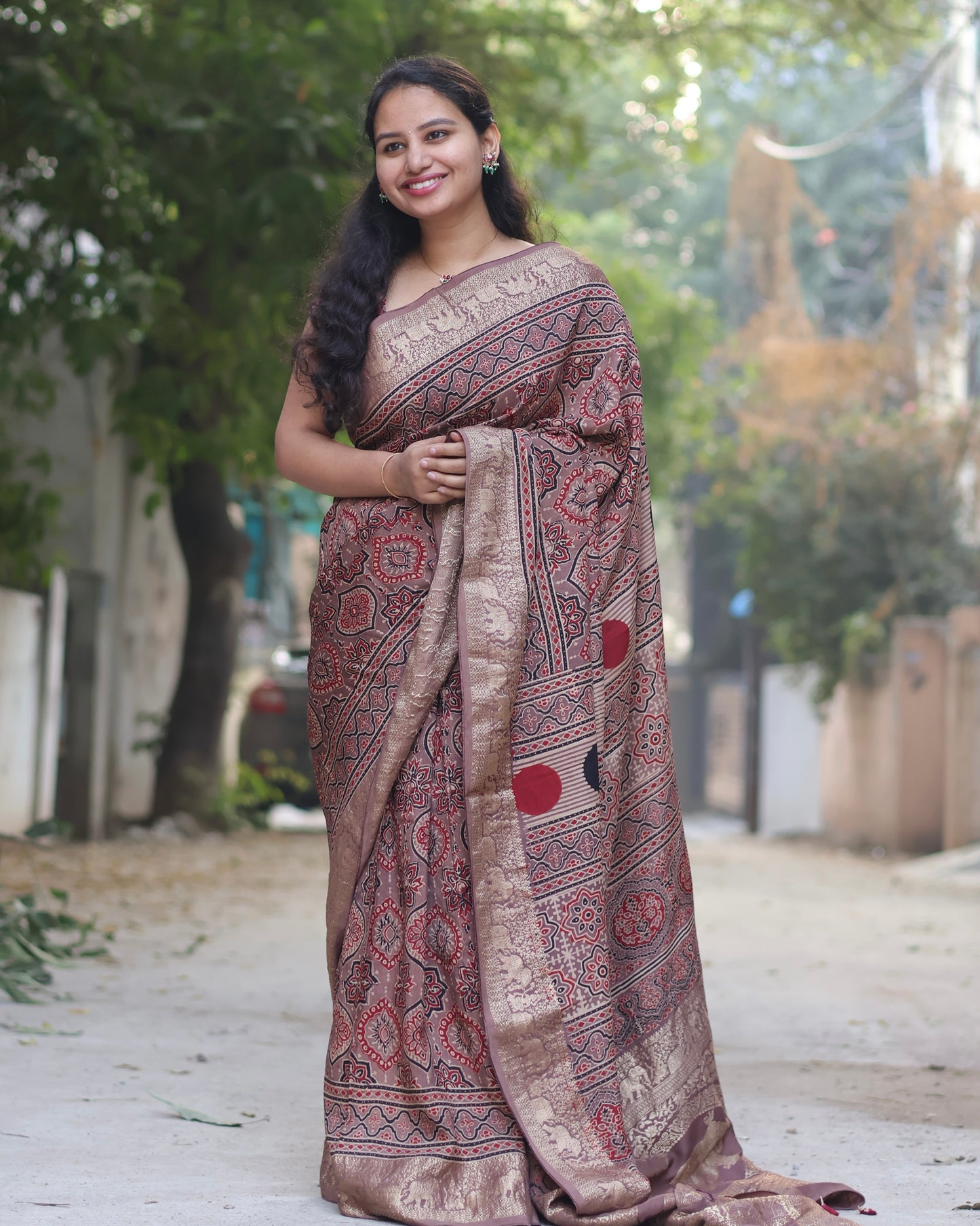 Traditional Badam Butta Ajrakh Handblock Printed Dola Silk Saree