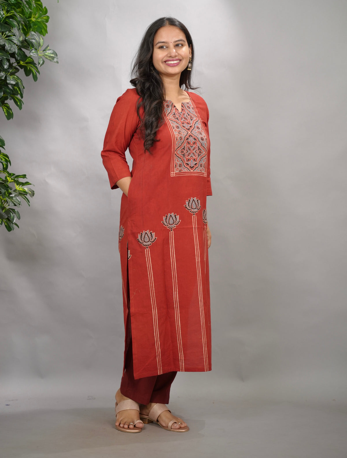 Maroon Ajrakh Pattern Hand Block printed Kurti | Looms & Tassels