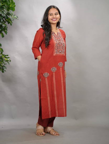 Maroon Ajrakh Pattern Hand Block printed Kurti | Looms & Tassels