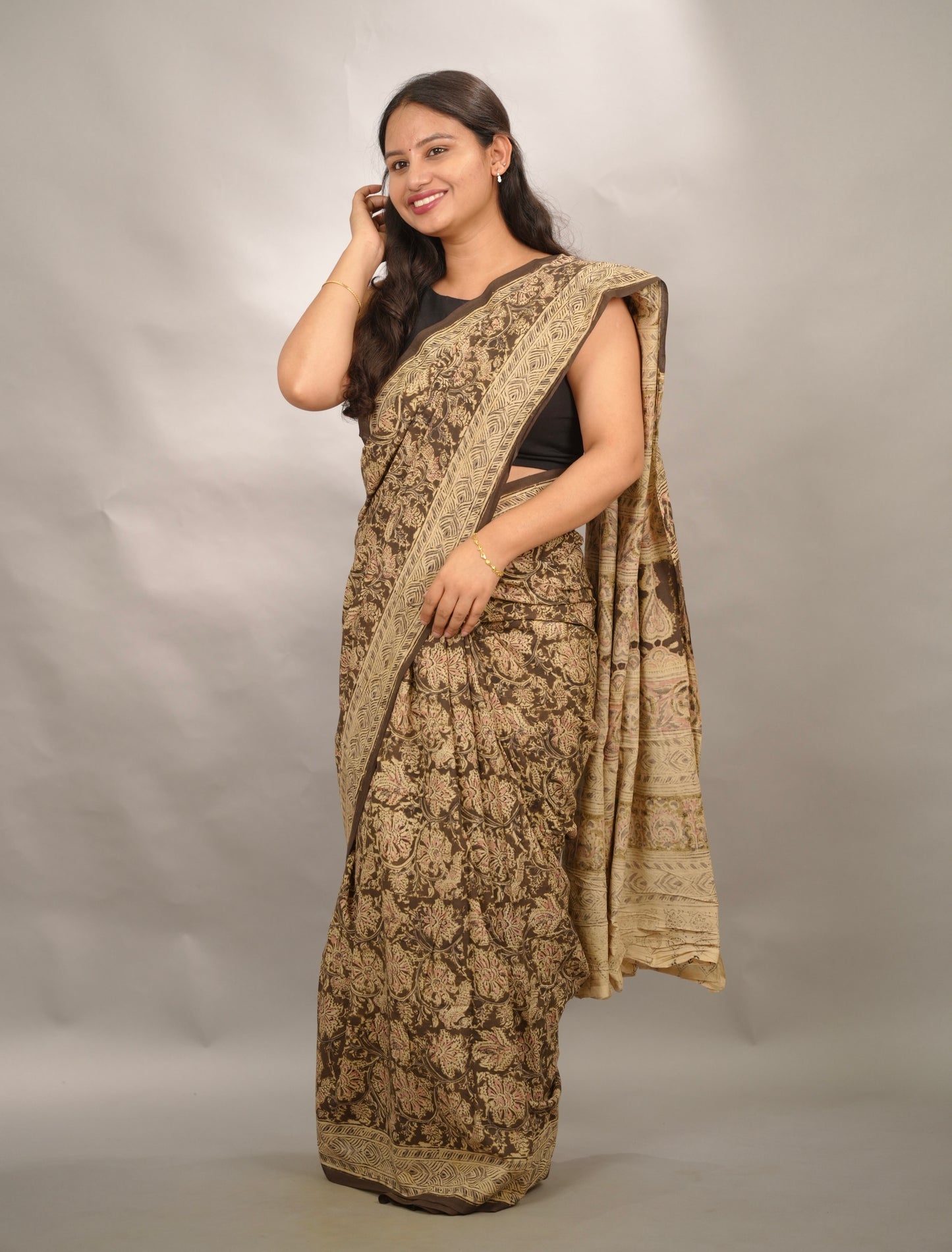 Mehendi Green Hand Block Printed Kalamkari Cotton Saree | Looms & Tassels