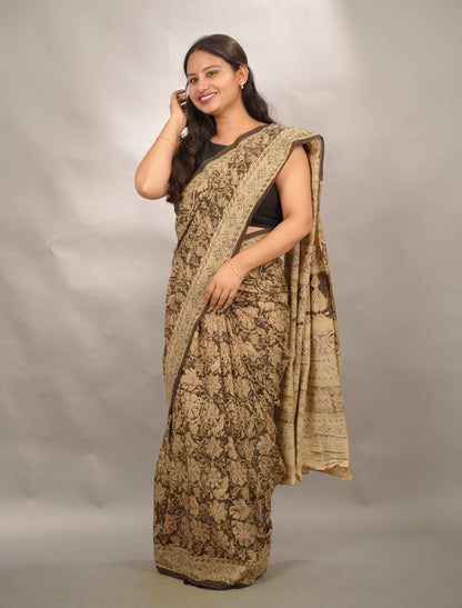 Mehendi Green Hand Block Printed Kalamkari Cotton Saree | Looms & Tassels