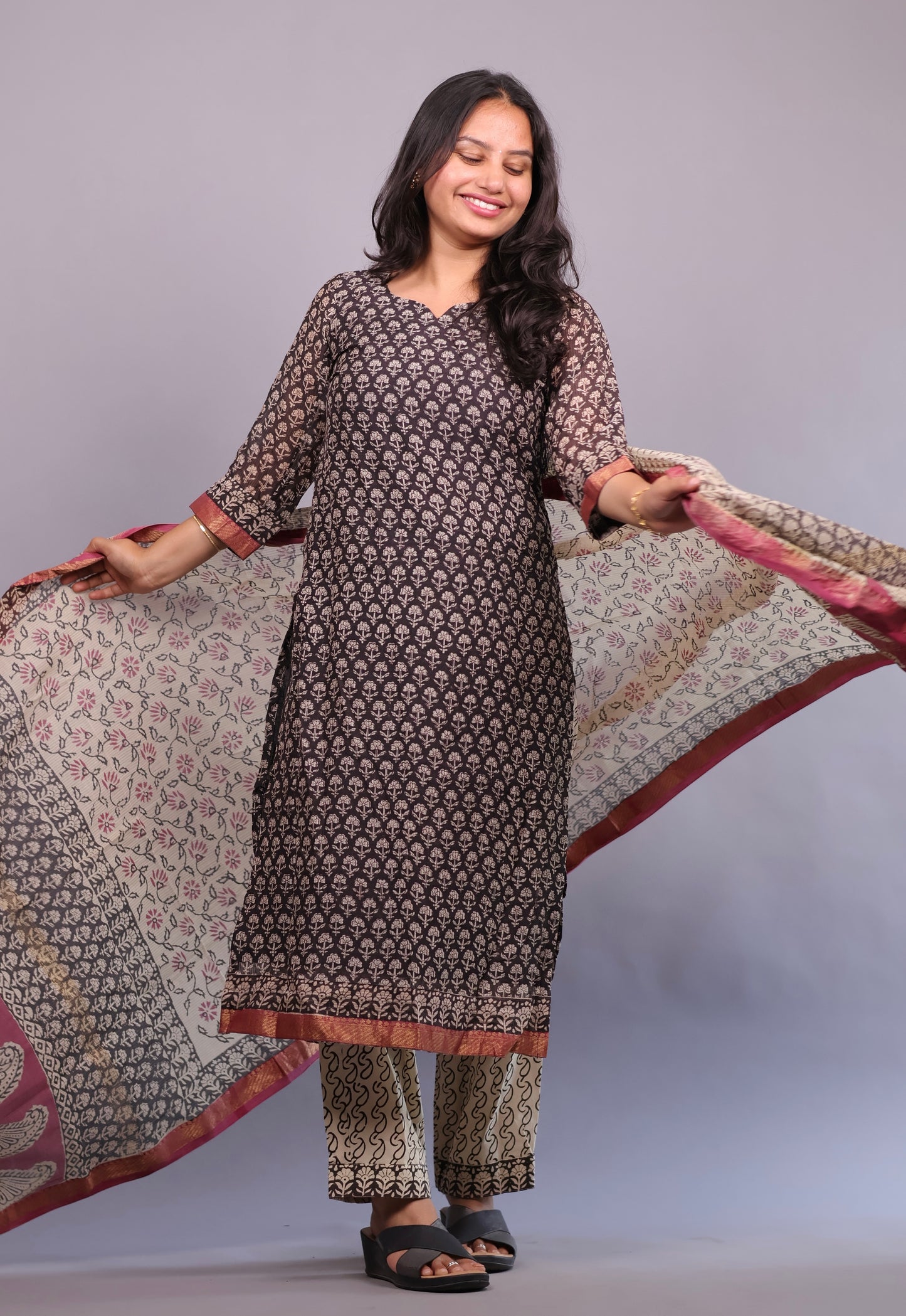 Handblock printed Pure Maheswari Silk 3 piece suit (stitched)