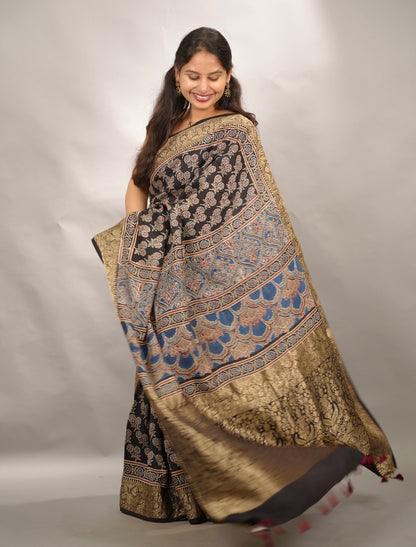 Black Ajrakh Handblock printed Dola Silk Saree | Looms & Tassels