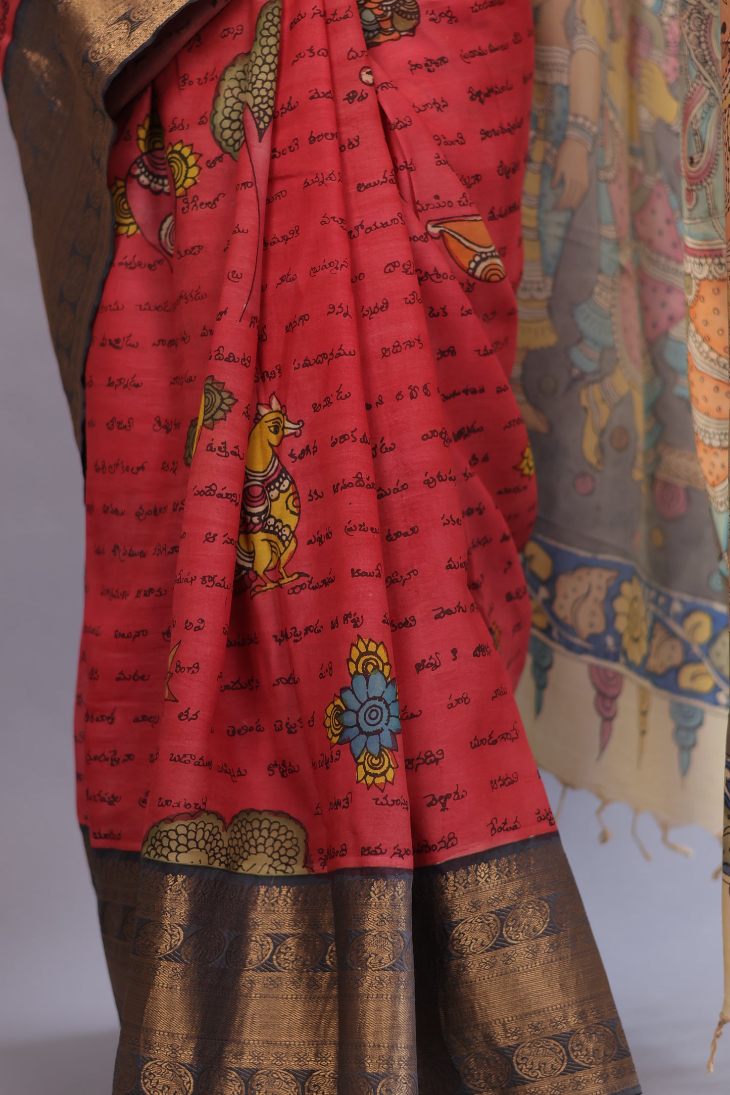 Pink Hand Painted Pen Kalamkari Silk Saree