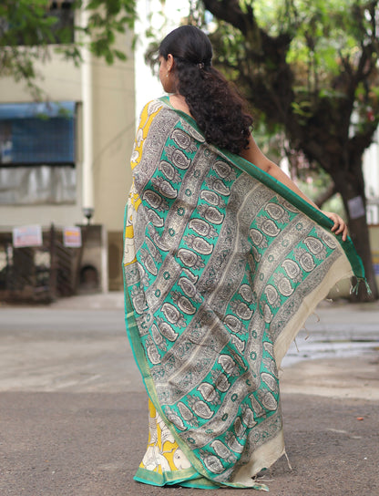 Yellow Nizam Border Kalamkari Silk Saree