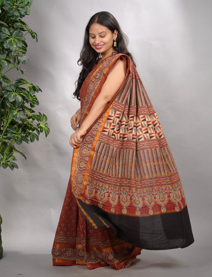 Rust Red Ajrakh Hand Block Printed Sungudi Cotton Saree | Looms & Tassels