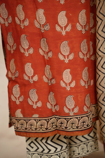 Maroon Handblock printed Pure Chenderi Silk 3 piece suit (stitched) |  Looms & Tassels