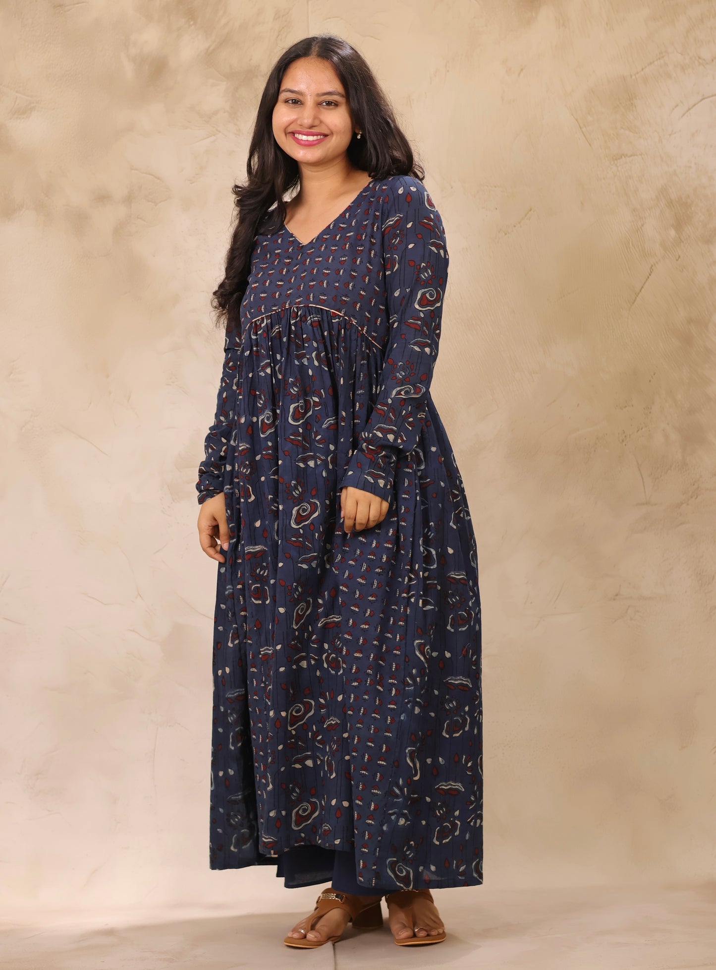 Indigo Ajrakh Hand Block Printed Pure Mul Cotton Aline Kurta | Looms & Tassels