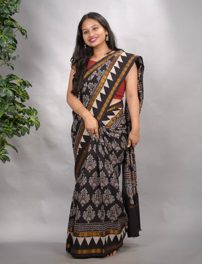 Black Ajrakh Hand Block Printed Sungudi Cotton Saree | Looms & Tassels