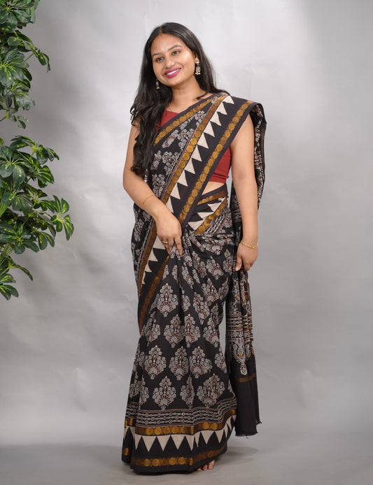 Black Ajrakh Hand Block Printed Sungudi Cotton Saree | Looms & Tassels