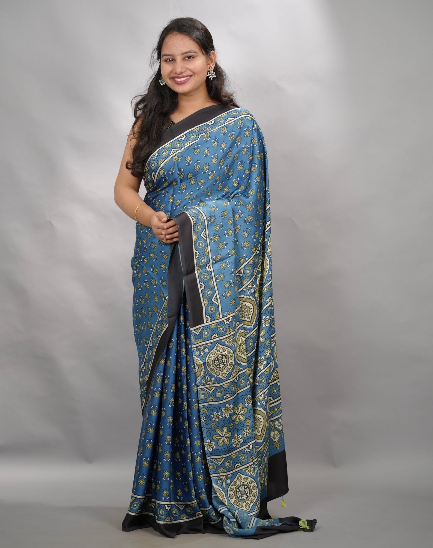 Blue Authentic Ajrakh Handblock Printed Modal Silk Saree | Looms & Tassels