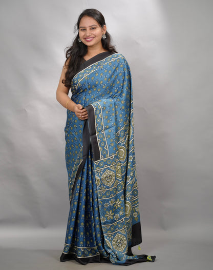Blue Authentic Ajrakh Handblock Printed Modal Silk Saree | Looms & Tassels