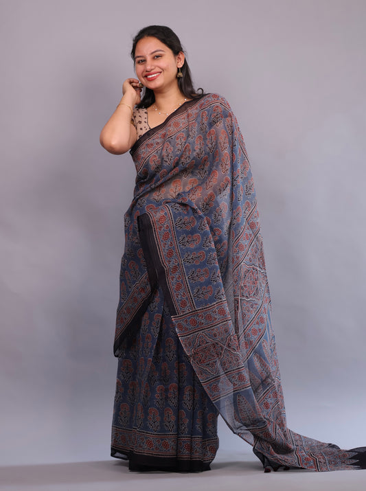 Indigo Ajrakh Hand Block Printed Kota Doria Saree | Looms & Tassels