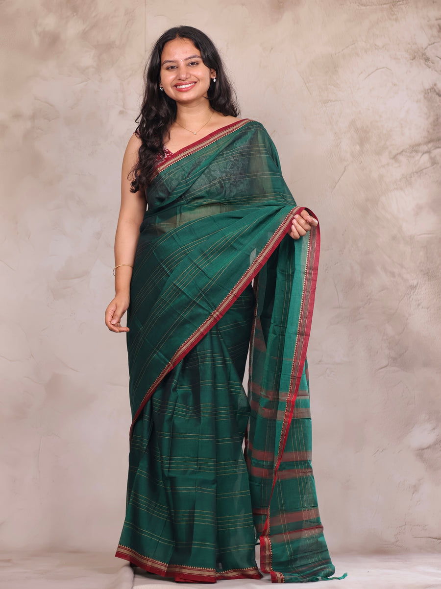 Green Narayanpet Cotton Saree lines weaving | Looms & Tassels