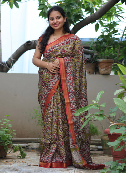 Hand Block Printed Kalamkari Nizam Border Silk Saree