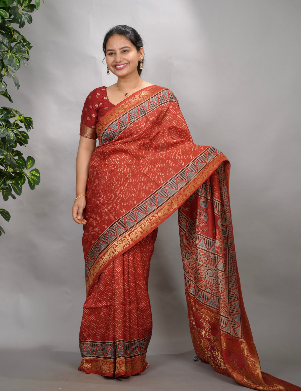 Maroon Ajrakh Handblock printed Dola Silk Saree| Looms & Tassels