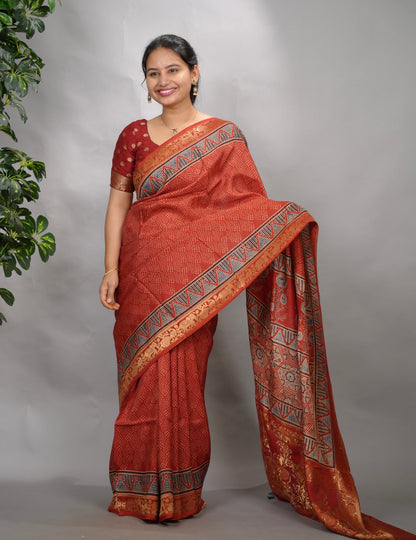 Maroon Ajrakh Handblock printed Dola Silk Saree| Looms & Tassels