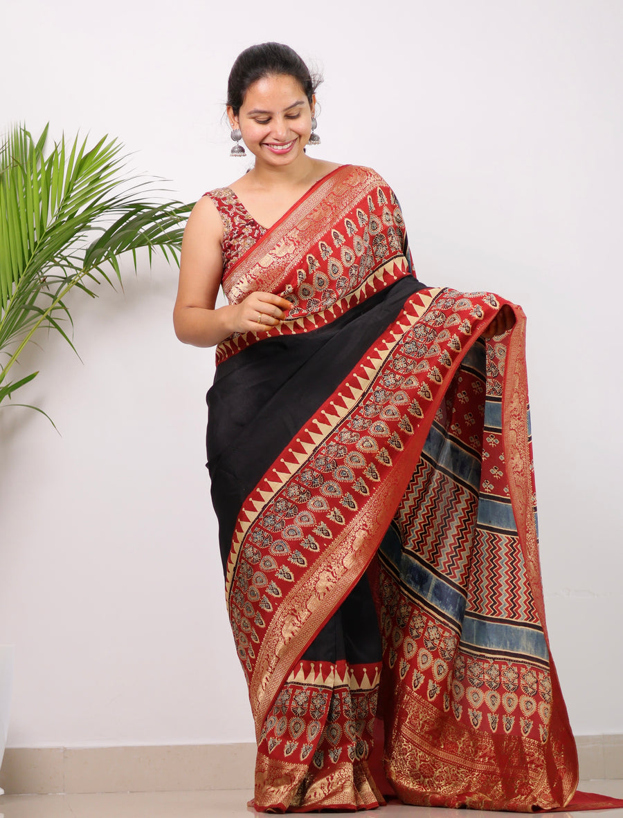 Red & Black Temple Pattern Ajrakh Handblock Printed Dola Silk Saree