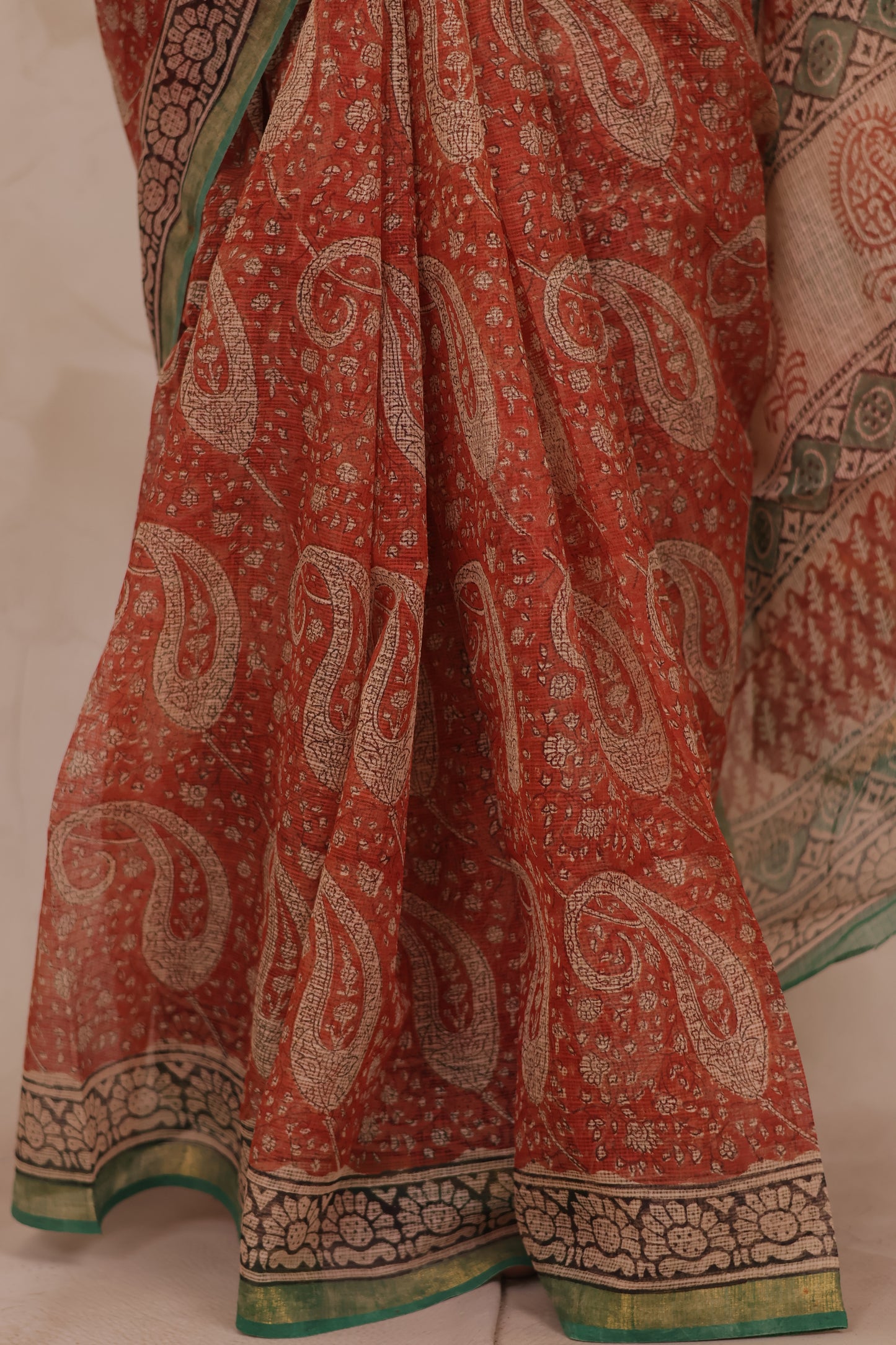 Maroon Pure Kota Doria Saree with Bagru Handblock Prints | Looms & Tassels