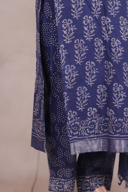 Indigo Linen Cotton Handblock printed 3 piece suit (stitched)