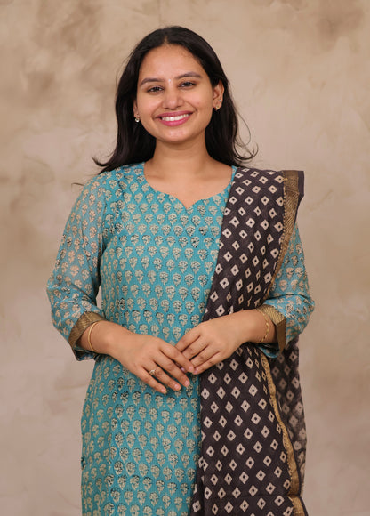 Powder Blue Handblock printed Pure Maheswari Silk 3 piece suit (stitched)