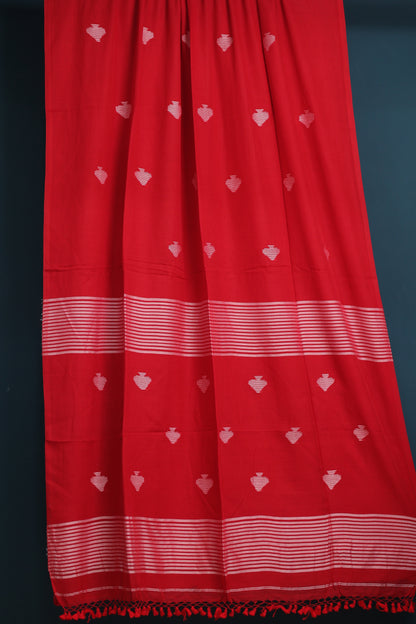 Red Pure Handwoven Malai Cotton Saree with Butta Weaving