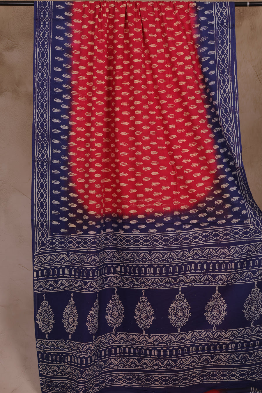 Red & Blue Bagru Handblock printed MulMul cotton saree | Looms & Tassels