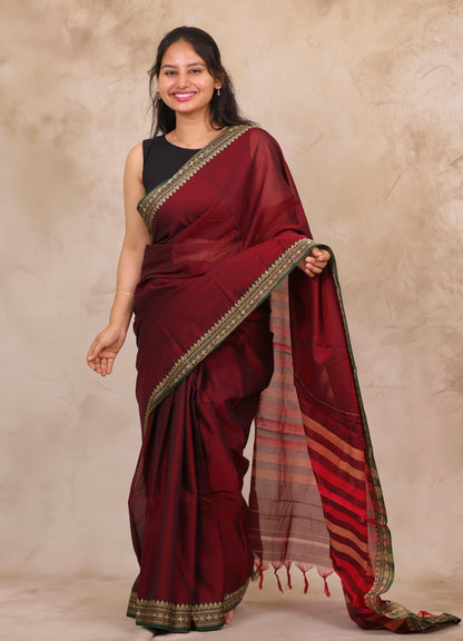 Maroon Narayanpet Cotton Saree | Looms & Tassels