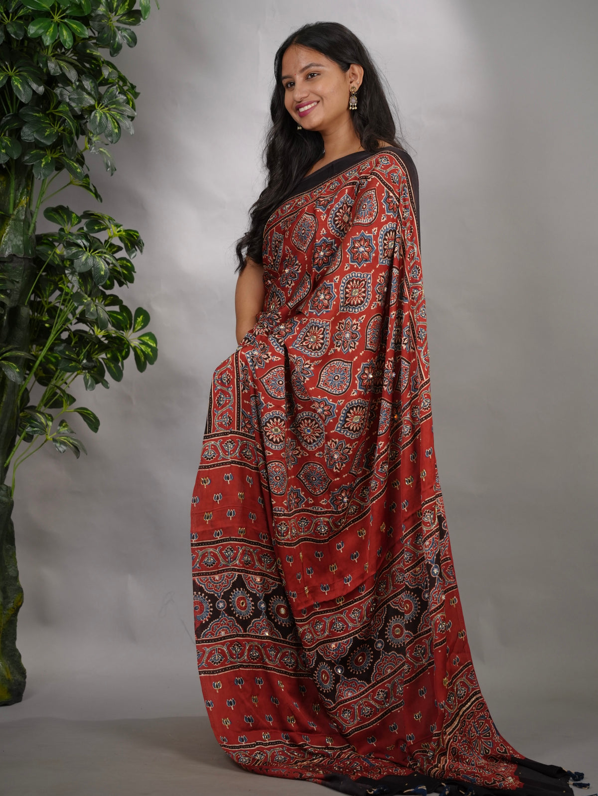 Maroon Ajrakh Modal Silk Hand Embroidery Saree  | Looms & Tassels