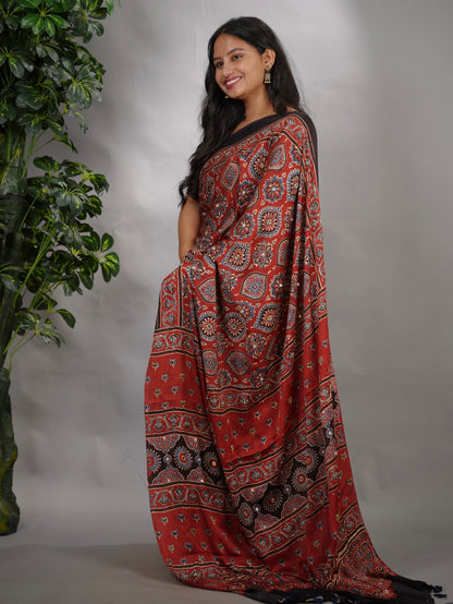Maroon Ajrakh Modal Silk Hand Embroidery Saree  | Looms & Tassels