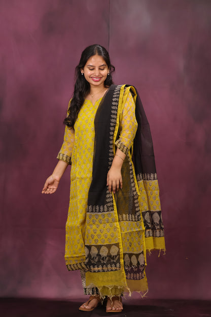 Yellow Handblock printed kota 3 piece suit (stitched)