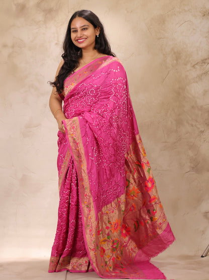 Pink Handcrafted Pattern Bandhani Paithani Dola Silk Saree | Looms & Tassels