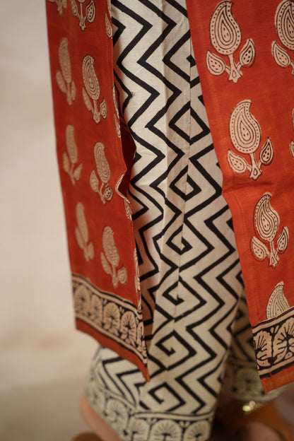 Maroon Handblock printed Pure Chenderi Silk 3 piece suit (stitched) |  Looms & Tassels