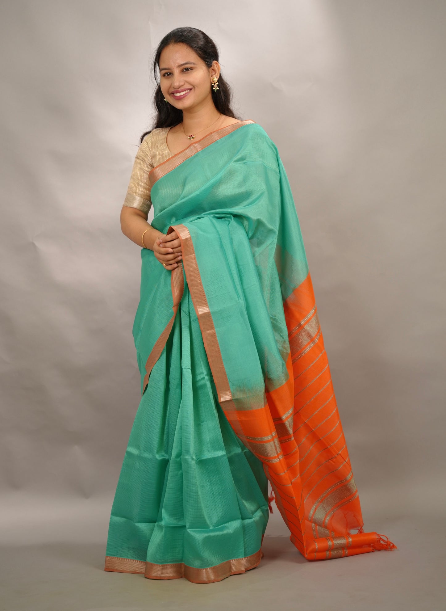 Sea Green & Orange Handloom Mangalagiri Silk Saree| Looms & Tassels