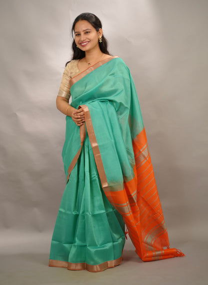 Sea Green & Orange Handloom Mangalagiri Silk Saree| Looms & Tassels