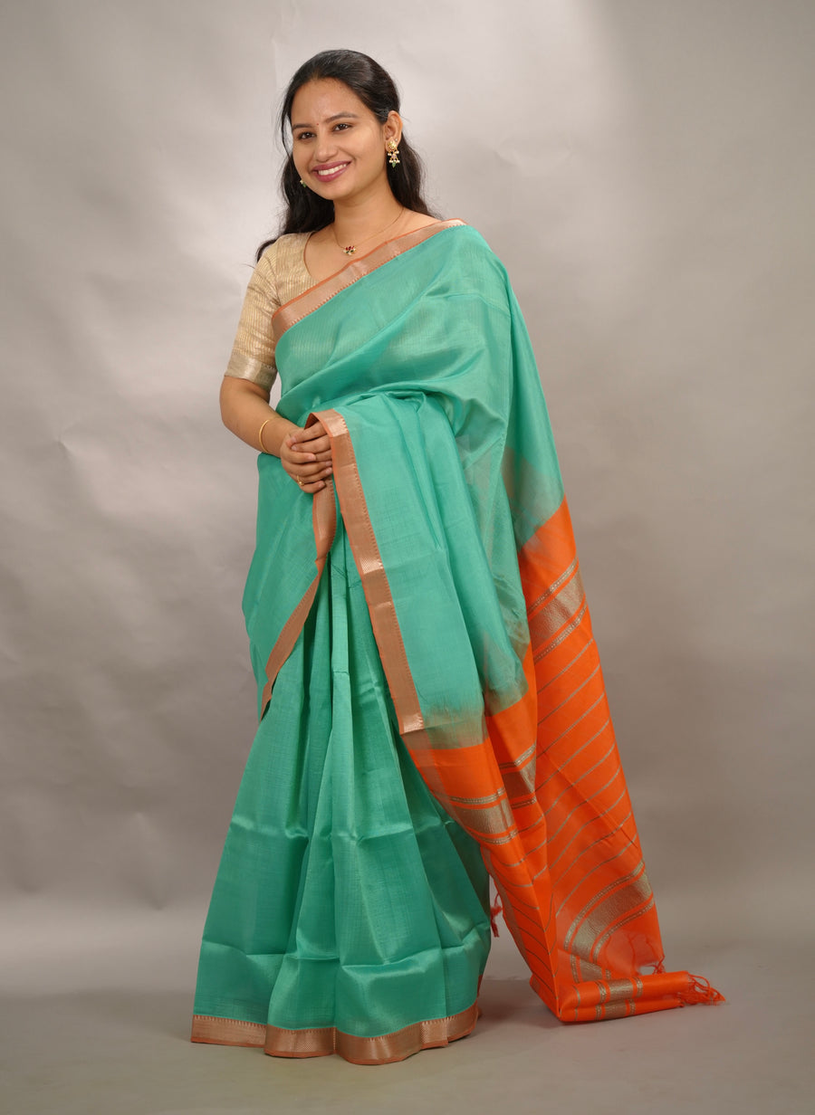 Sea Green & Orange Handloom Mangalagiri Silk Saree| Looms & Tassels