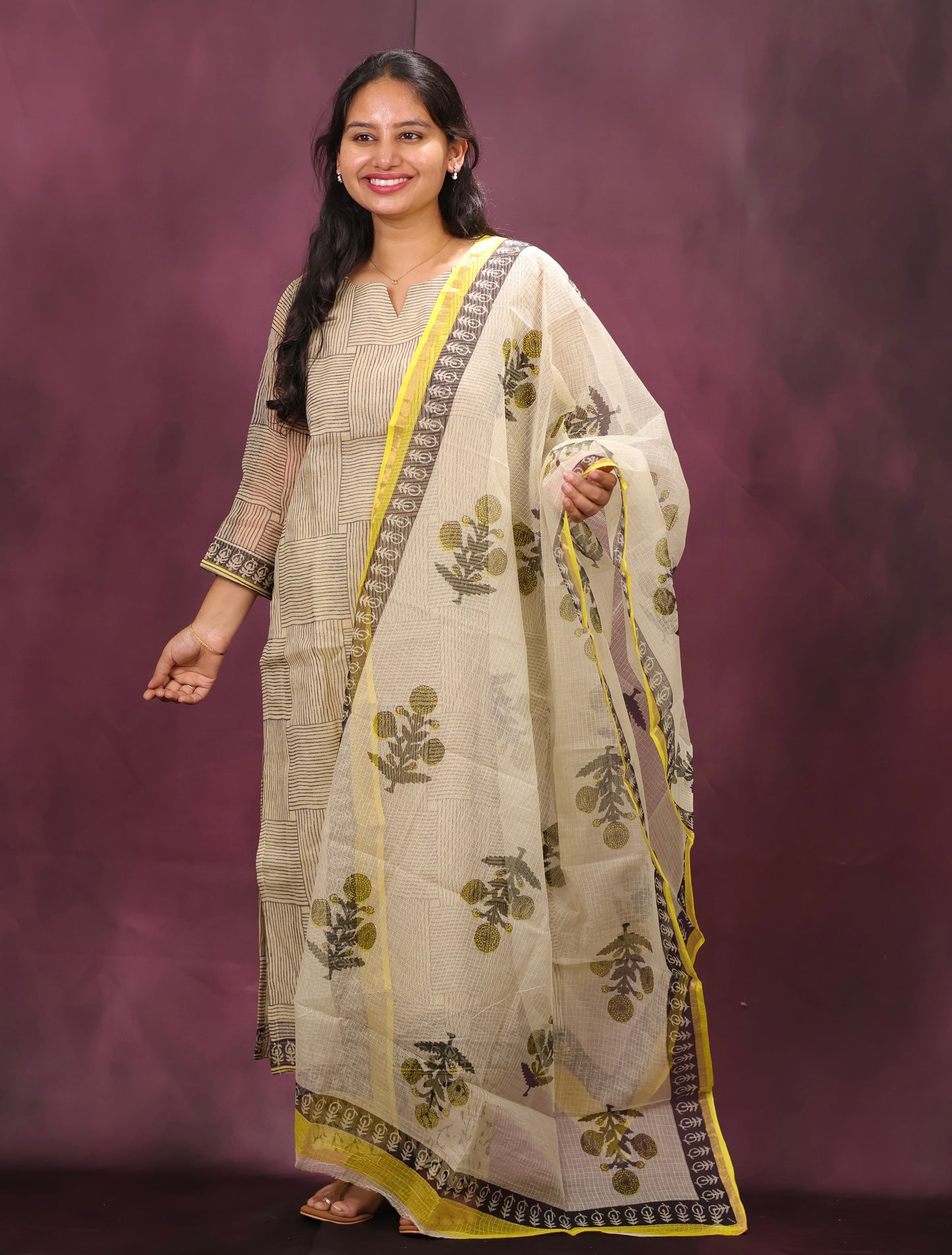 Cream Handblock printed kota 3 piece suit (stitched)