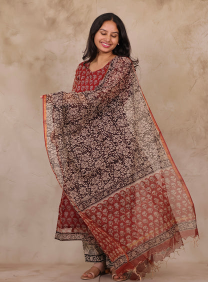 Maroon Handblock printed kota 3 piece suit (stitched)