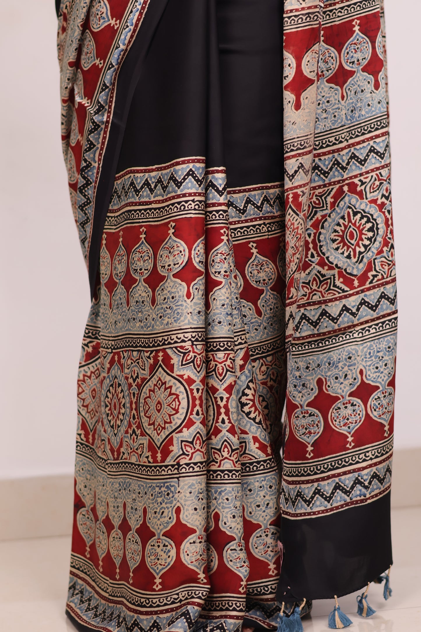 Black Half & Half Authentic Ajrakh Handblock Printed Modal Silk Saree | Looms & Tassels