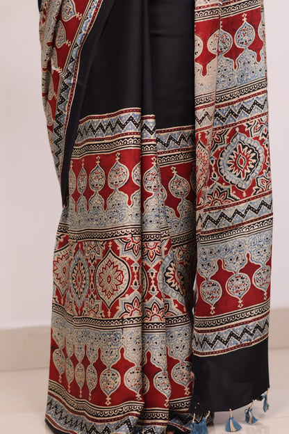 Black Half & Half Authentic Ajrakh Handblock Printed Modal Silk Saree | Looms & Tassels