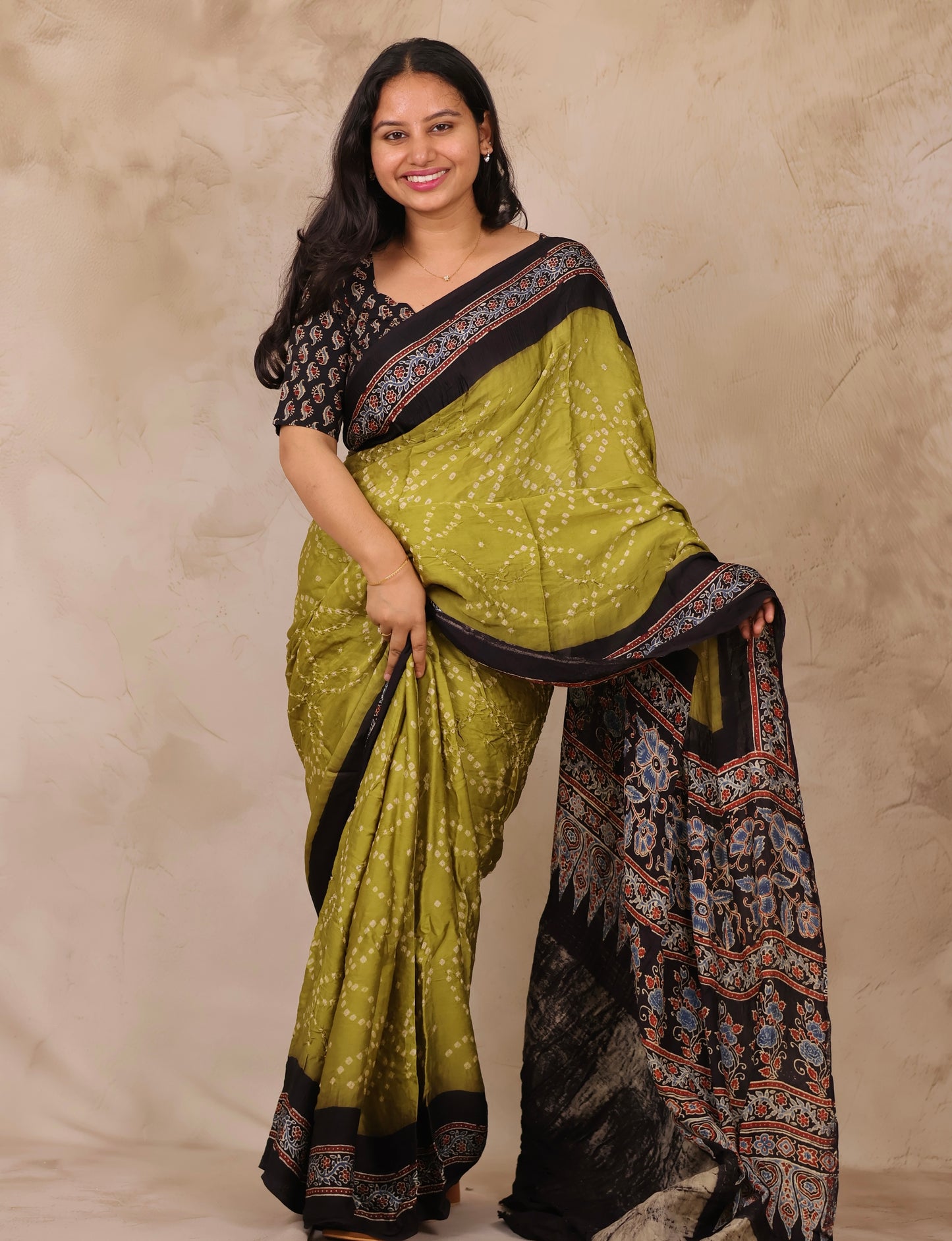 Lemon Green Hand Knotted Bandhej Arakh Modal Silk Saree with Lagdi Pallu | Looms & Tassels