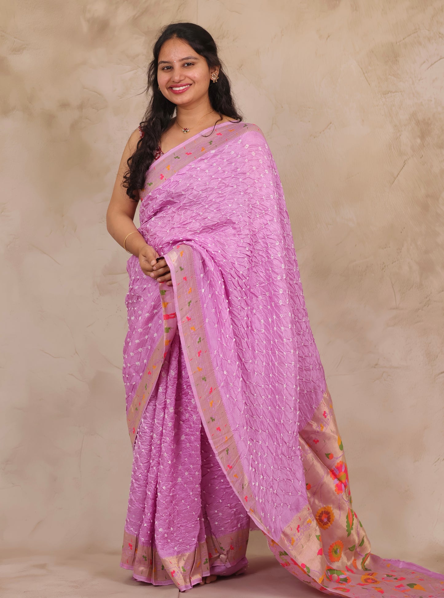 Pastel Lavender Handcrafted Bandhani Paithani Dola Silk Saree | Looms & Tassels