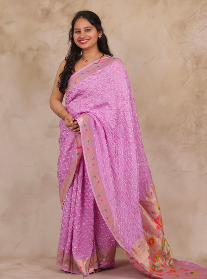 Pastel Lavender Handcrafted Bandhani Paithani Dola Silk Saree | Looms & Tassels