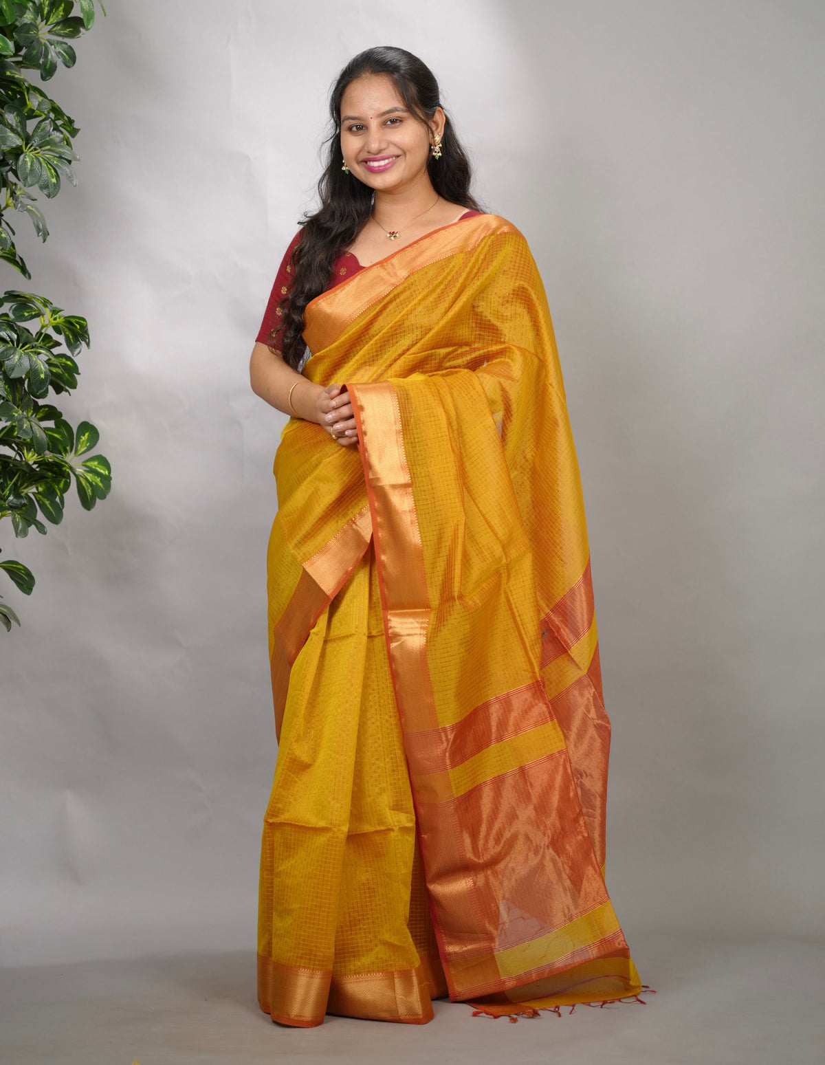 Mustard Yellow Checks Handloom Maheswari Silk Cotton Sarees | Looms & Tassels